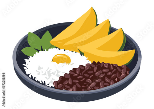Rice Beans Egg Mango Slices Meal - Vector Illustration
