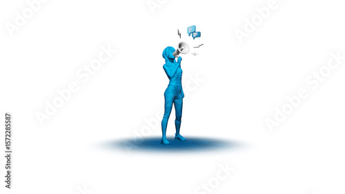 A blue humanoid figure holds a megaphone, surrounded by digital icons. Transparent Background