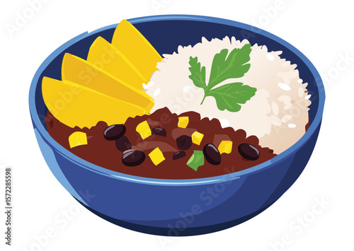 Rice Beans Mango Slices Delicious Meal - Vector Illustration