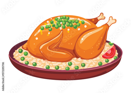 Roasted Chicken Rice Peas Dinner - Vector Illustration