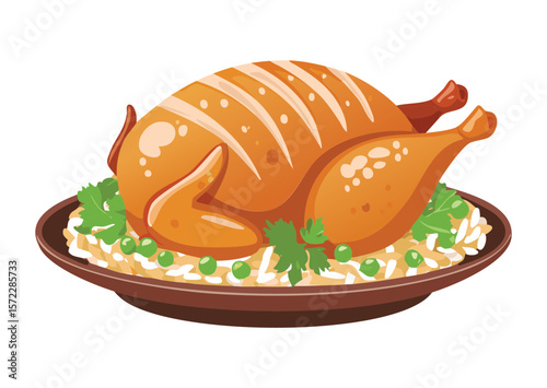 Roasted Chicken Rice Peas Meal - Vector Illustration