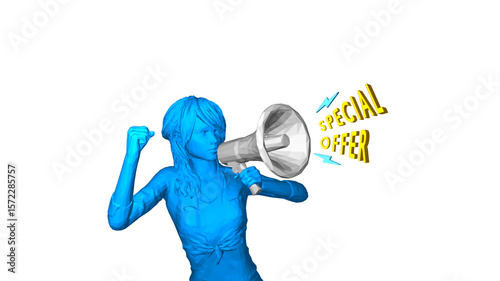 A blue figure enthusiastically promoting a special offer using a megaphone.