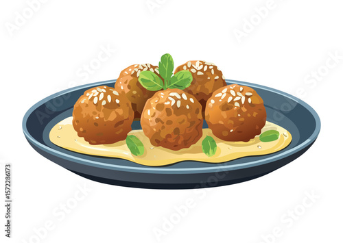 Classic Meatballs on Green Garnish - Vector Illustration