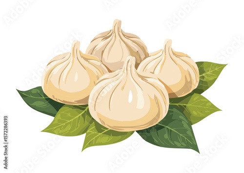 White Dumplings on Green Leaf - Vector Illustration