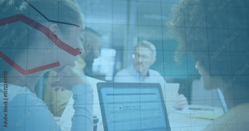 Woman tapping laptop after red trend line falling on grid overlay while team leading finance review Woman tapping laptop after red trend line falling on grid overlay while team leading finance review