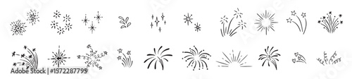 Set cute fireworks line doodle elements lightning explosion sunburst fireworks bling motion effects
