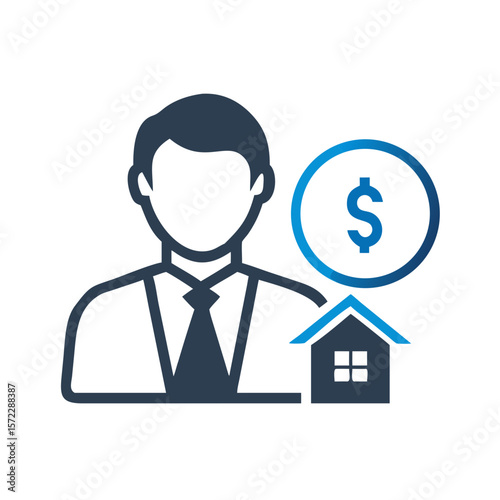 Male real estate agent icon with dollar and house symbols