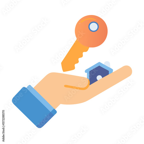 Hand holding house key icon in flat color style
