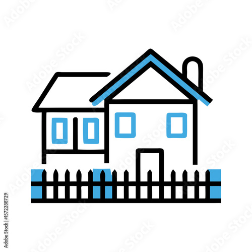 House with fence icon in flat outline style
