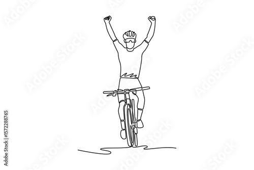 Single one line drawing front view of male cyclist successfully finishing road bike bicycle race with happy gesture. Sports motivation. Modern continuous line draw design graphic vector illustration