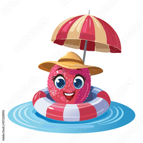 Lychee Character Umbrella Pool Fun - Vector Illustration