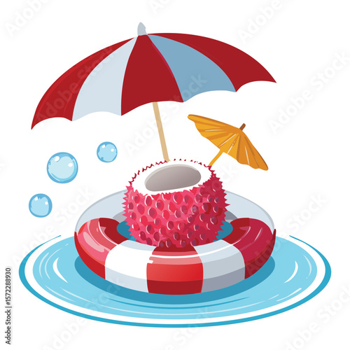 Lychee Character Umbrella Floating Pool - Vector Illustration