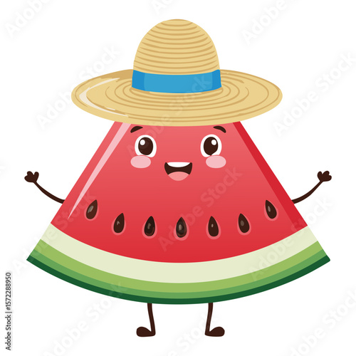 Watermelon Character Waving Straw Hat - Vector Illustration