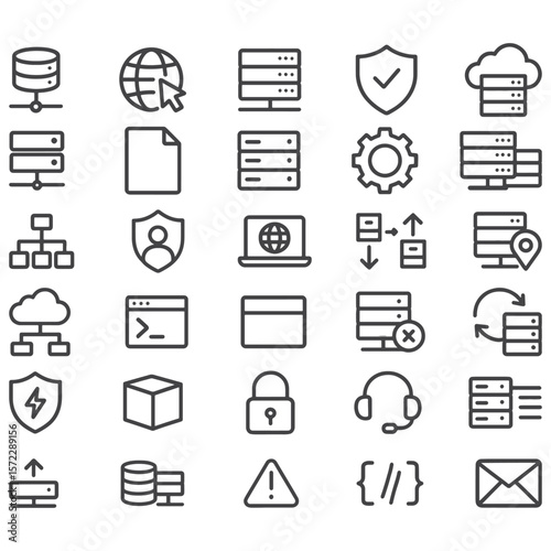 Web Hosting Line Icons – Server, Cloud, Domain, and Security Symbols for Websites, Dashboards