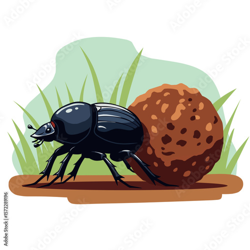 Vector of a dung beetle pushing dung in a grassy environment. Educational and environmental illustration highlighting insect roles in nature