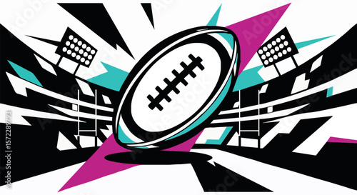 Dynamic rugby ball graphic, stadium lights, stylized action scene.