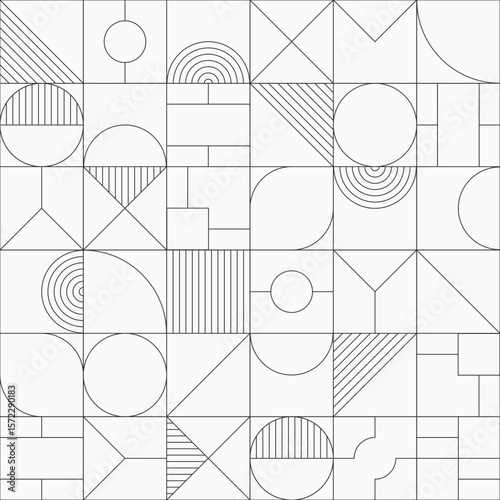 Abstract artwork of outline vector geometric shapes. Geometric vector seamless black and white pattern. Vector monochrome background with simple geometrical shapes. Bauhaus constructive style tiles.
