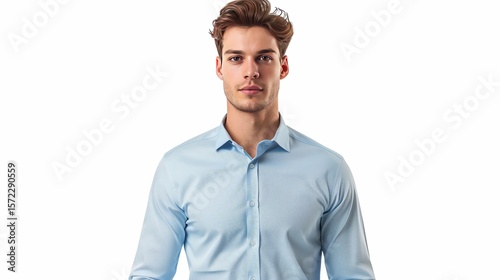 Use this template to replace your outfit in passport photos or other documents. It features a light blue shirt isolated on a white background.