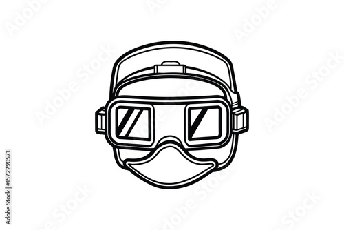 Stylized Cartoon Welding Mask Illustration in Black and White Outline
