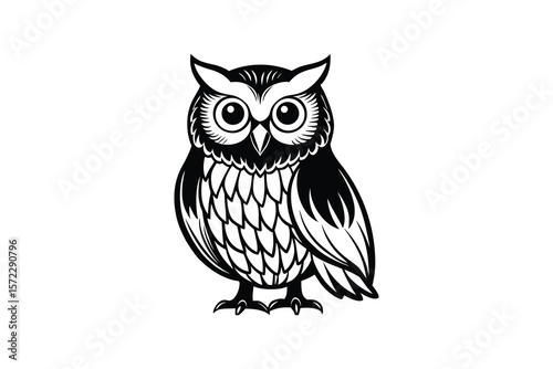 Stylized Owl Illustration in Black and White on a White Background