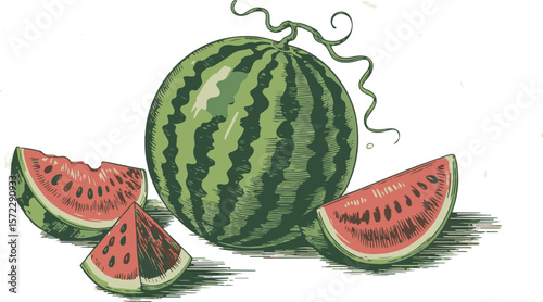 Vector art of a whole watermelon and slices, sketched in green and red isolated on transparent background