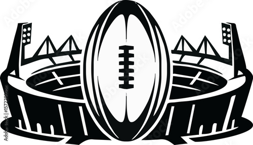 A stylized black and white illustration of a football stadium with a football in the center.