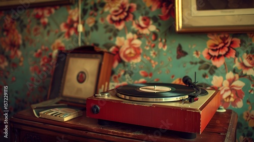 Vintage record player rests on floral wallpaper, creating a nostalgic ambiance.