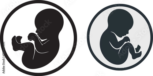 Vector art of two illustrations of a fetus in a circle, black and grayscale isolated on transparent background
