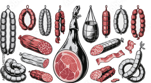 Vector art of a variety of cured sausages and meats isolated on transparent background