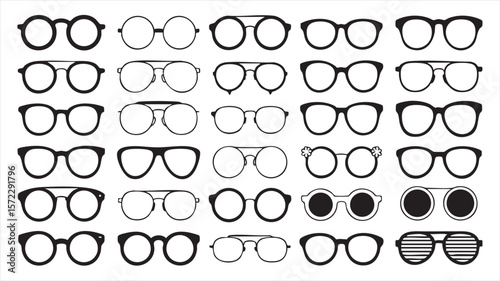 Thirty Black and White Eyewear Illustrations Diverse Frames Styles Round Square Aviator Sunglasses vector