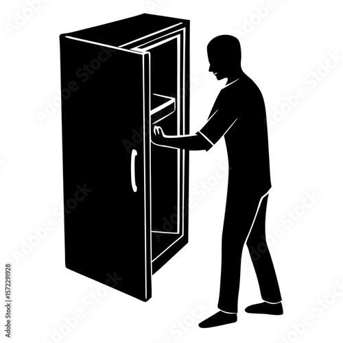 Man opening refrigerator appliance kitchen silhouette vector illustration