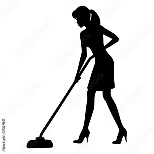 Woman vacuuming the floor silhouette vector illustration