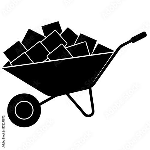 Wheelbarrow full of square blocks black silhouette vector illustration