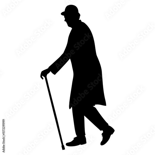 Elderly man walking with cane full body silhouette vector illustration