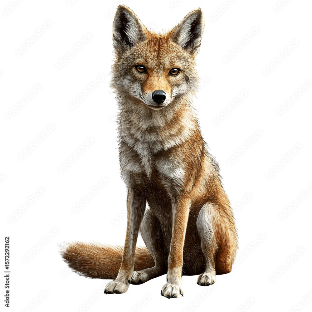 Fototapeta premium Realistic Coyote Illustration, Sitting Pose, Isolated on Transparent PNG