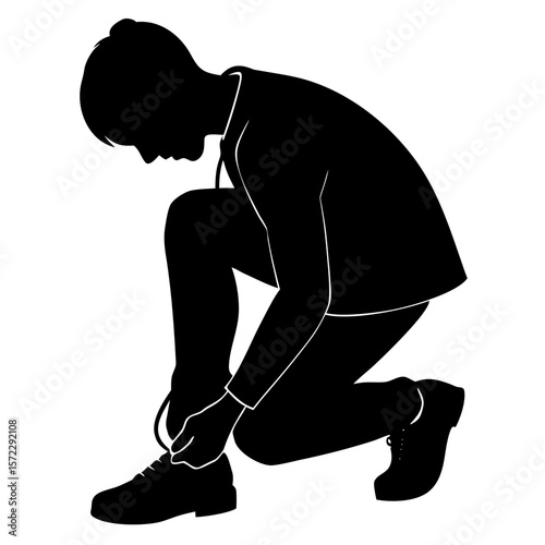 Man kneeling tying shoelaces silhouette vector illustration