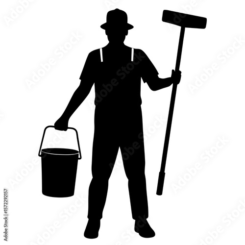Man holding bucket and mop cleaning service silhouette vector illustration