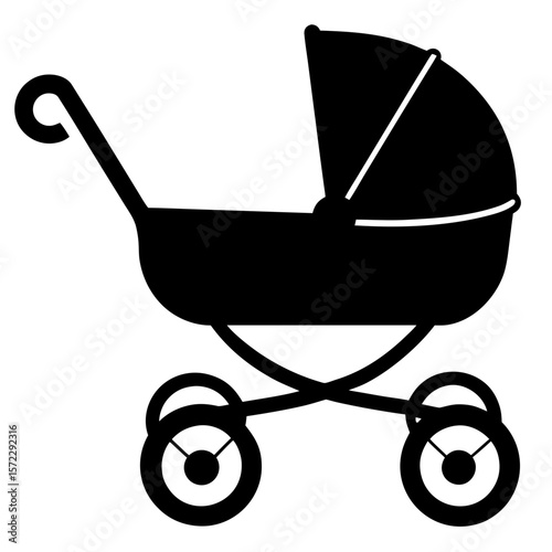Detailed baby stroller side view black silhouette vector illustration