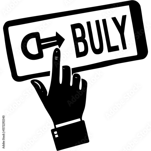 Hand pressing button with arrow and text buly silhouette vector illustration