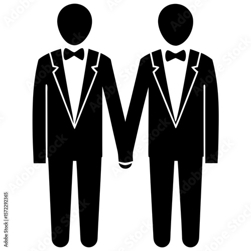 Two grooms holding hands in suits silhouette vector illustration