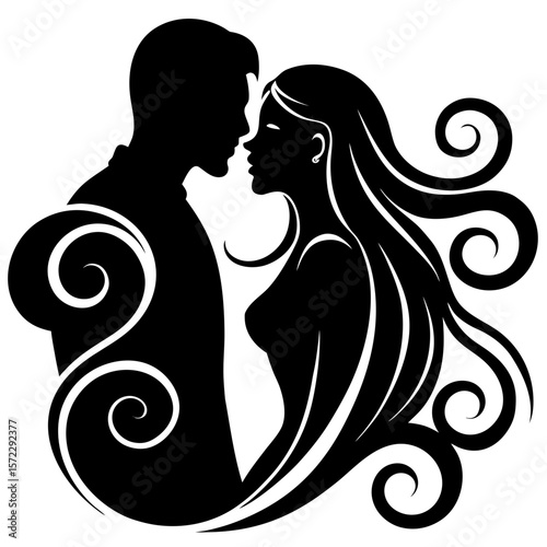 Loving couple embracing in silhouette vector illustration