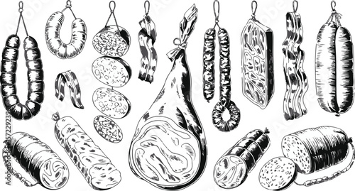 Vector art of a variety of cured sausages and meats hanging isolated on transparent background