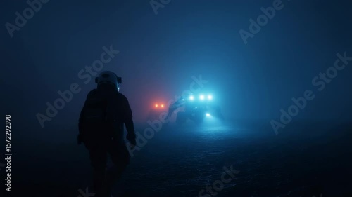 Astronaut explores a mysterious foggy landscape with vehicles illuminating the dark surroundings in an alien environment