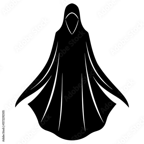 Mysterious hooded figure in black cloak silhouette vector illustration
