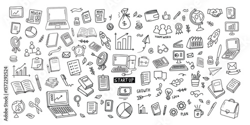 Set of vector doodle element related to business plan, start up, growth, idea