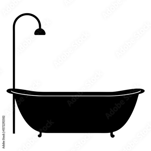 Classic bathtub with shower head black shape silhouette vector illustration