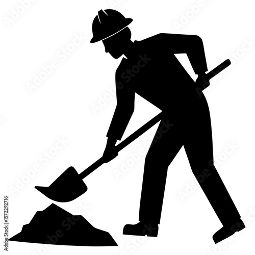 Construction worker digging with shovel black silhouette vector illustration