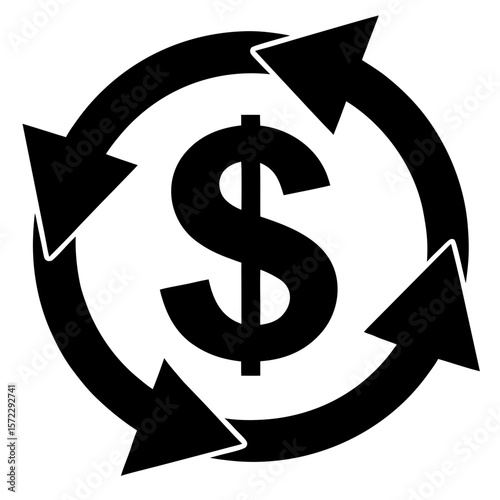 Dollar symbol with circular arrows money flow silhouette vector illustration