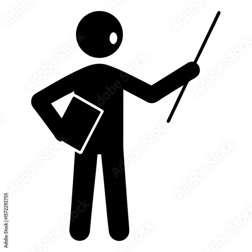 Stick figure teacher with pointer and book silhouette vector illustration