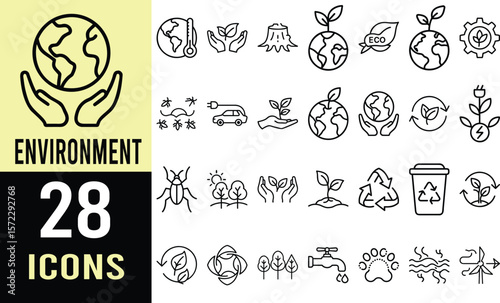 Collection of 28 Eco-Friendly Line Icons: Sustainability, Recycling, and Green Energy Symbols